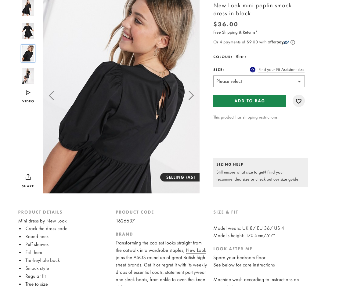 Fashion product description examples with a little black dress from Asos