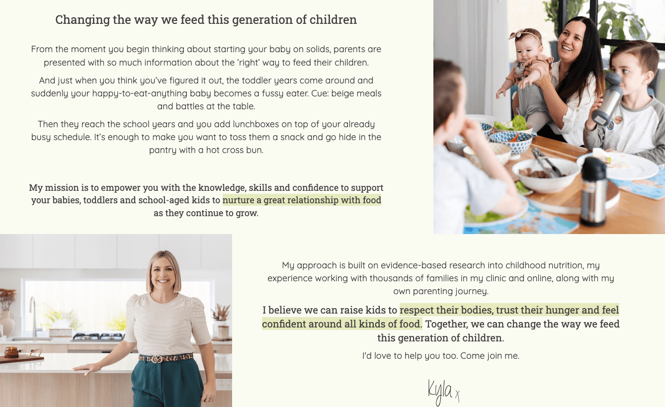 mealtimes by dr kyla - about page copywriter